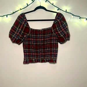 Plaid crop top, bunched arm, American eagle shirt